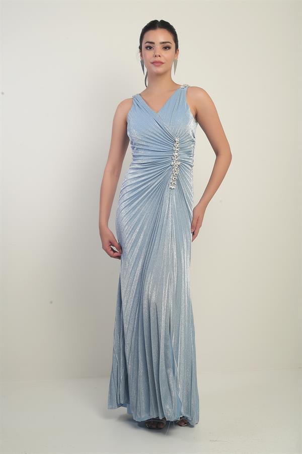 Kadın Kruvaze Yaka Omuzu Kalın Taş Detaylı Önü Taşlı Büzgülü Yırtmaçlı Uzun Abiye Elbise