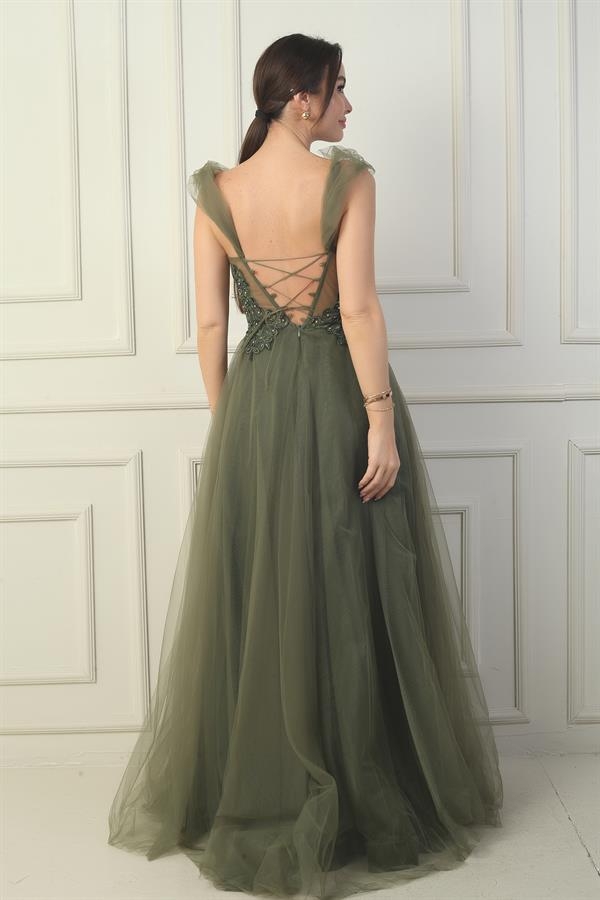 Kadın Ön Arka V Yaka Astarlı Düşük Kollu Üstü Aplike İşleme Prenses Abiye Elbise