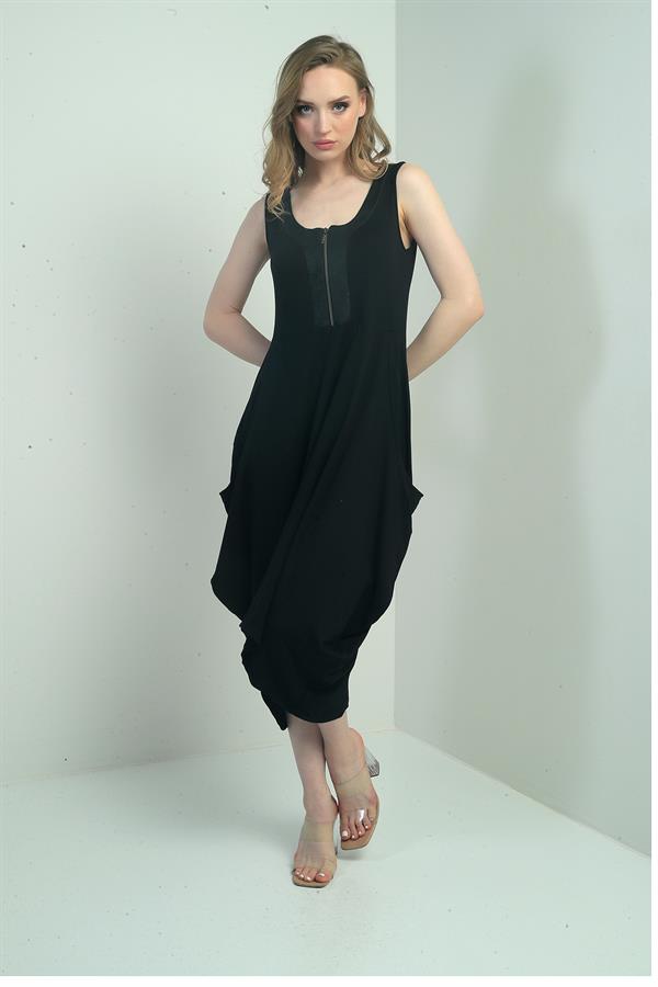 Women's Zip-Up Sleeveless Harem Dress with Pockets