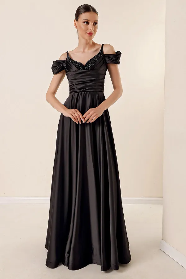 İp Askılı Düşük Kollu Taş Detaylı Önü Drapeli Astarlı Uzun Saten Abiye Elbise