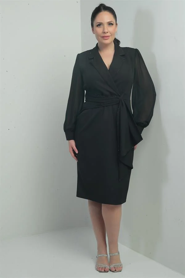 Kadın Kruvaze Yaka Kolları Şifon Boncuklu Bel Detaylı Kendinden Telalı Yarım Astarlı Büyük Beden Elbise