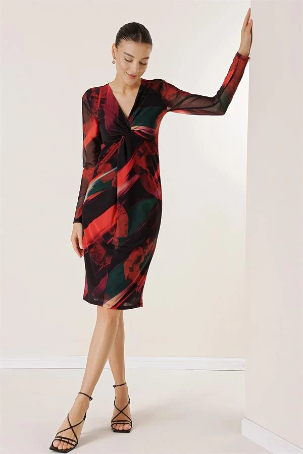 Lined Patterned Tulle Dress with Knot Detail at the Front