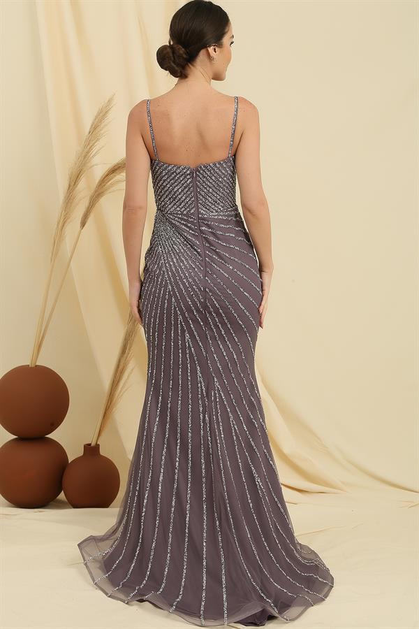 Strappy, front-slit, lined, embellished fishtail dress.