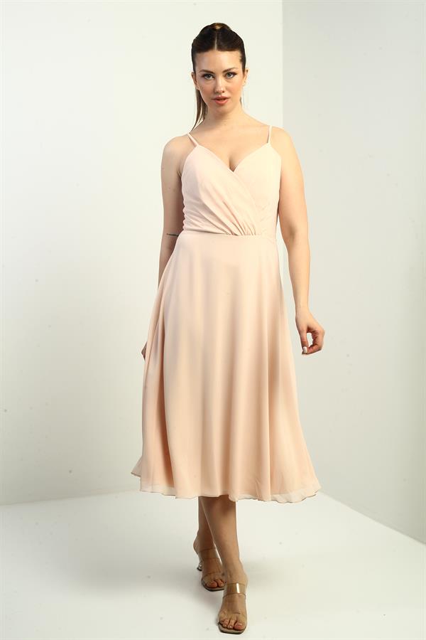 Women's Strappy Wrap Neckline Lined Lace-Up Back Flared Chiffon Dress