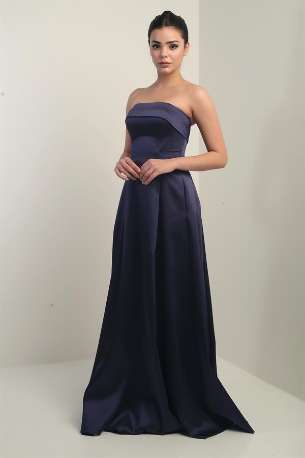 Women's Strapless Lined Long Satin Evening Dress with Pockets