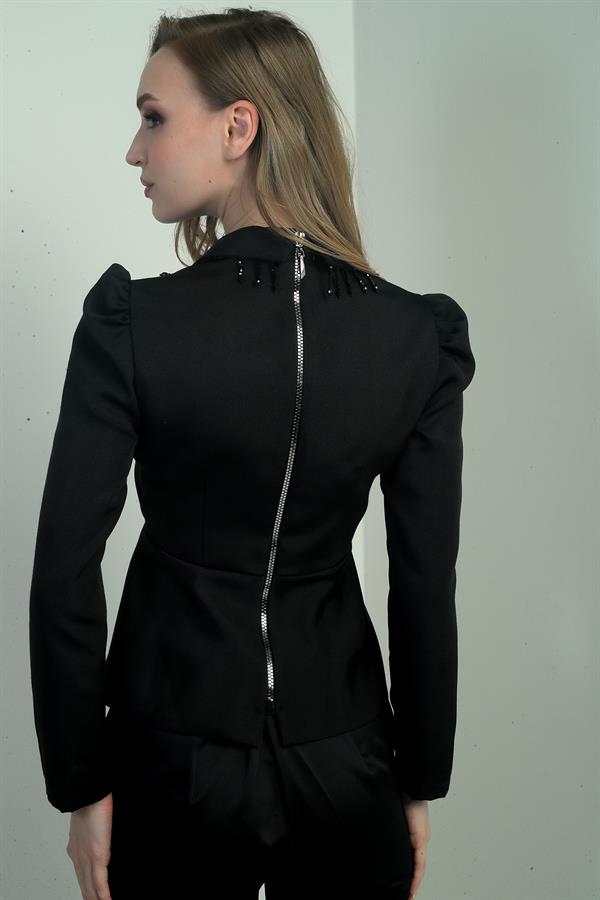 Women's Shawl Collar Beaded Embroidered Jacket with Back Zipper and Gathered Shoulders