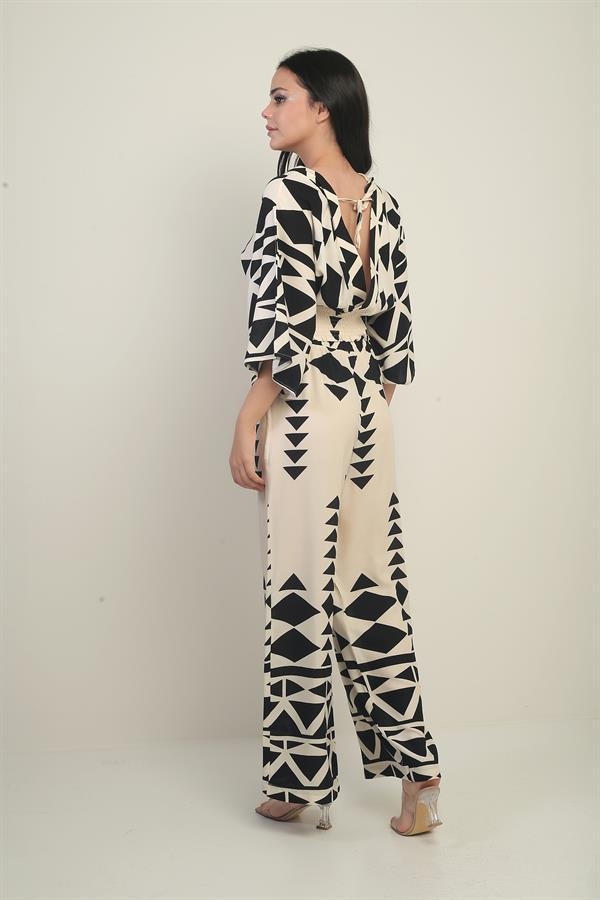 Women's Front Back V Neck Crop Blouse Elastic Waist Palazzo Pants with Pockets Triangle Pattern 2-Piece Set