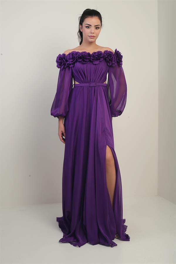 Women's Floral Madonna Neckline Belted Lined Chiffon Long Dress