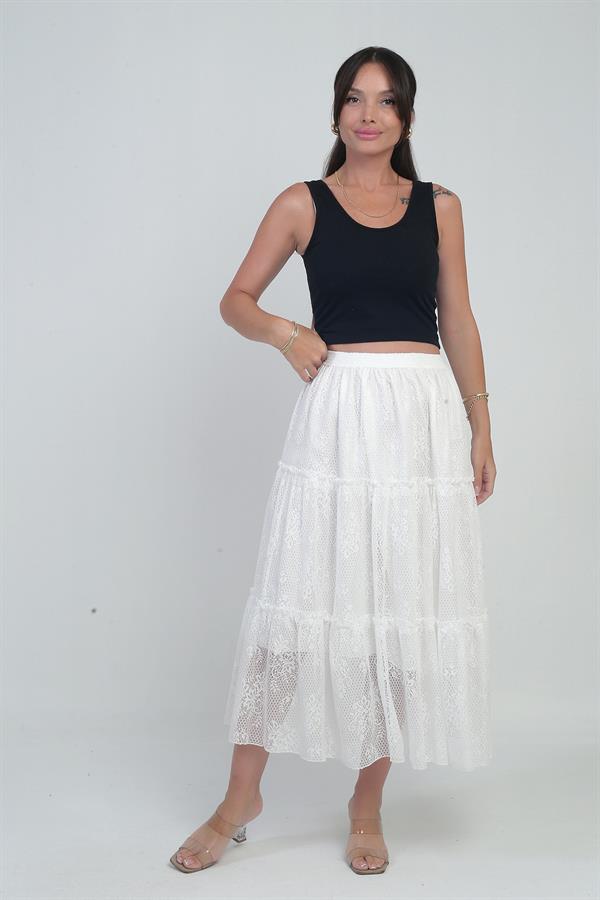 Kadın Beli Lastikli Astarlı Çiçekli Tül Etek