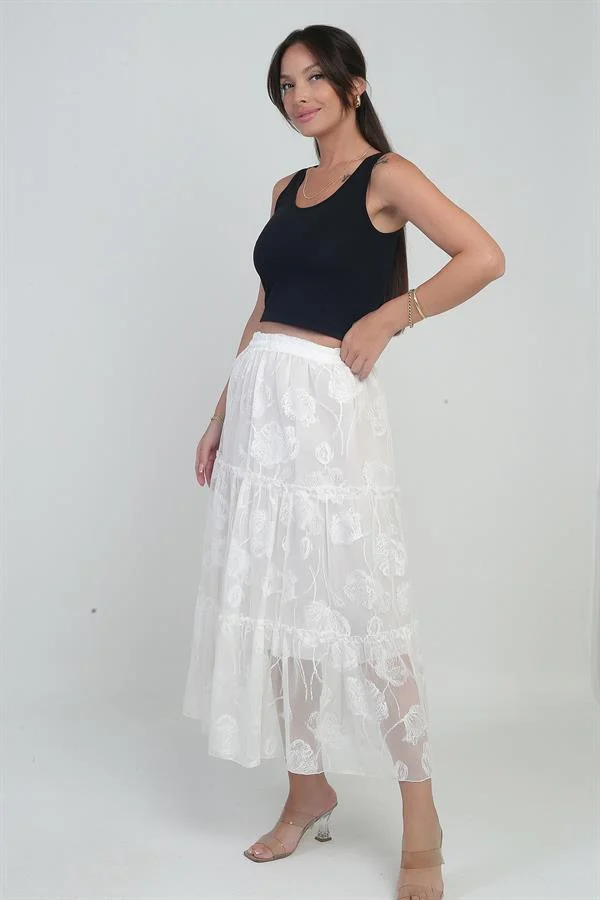 Kadın Beli Lastikli Astarlı DesenliTül Etek