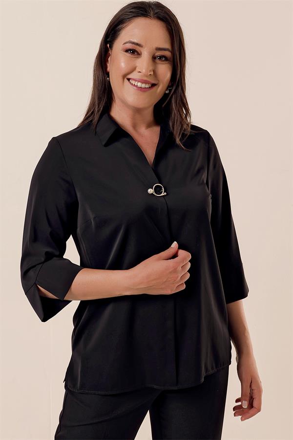Polo Collar Quarter Sleeve Plus Size Blouse
