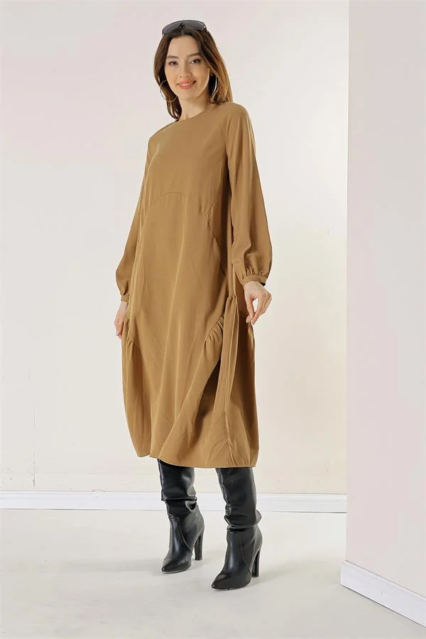 Buttoned Sleeve, Pocketed, Ruffled Lyocell Dress