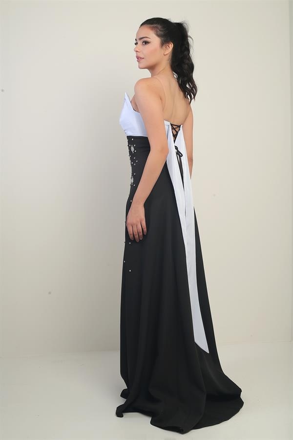 Kadın Tafta Üst Straplez Dubble Taş Yapıştırma Kloş Uzun Elbise