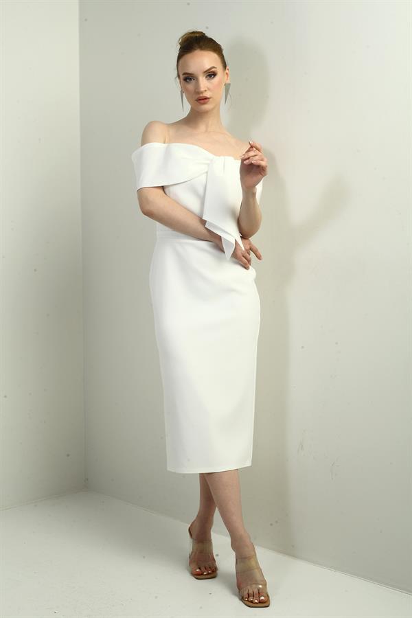 Kadın Saten Madonna Yaka Kendinden Telalı Midi Elbise