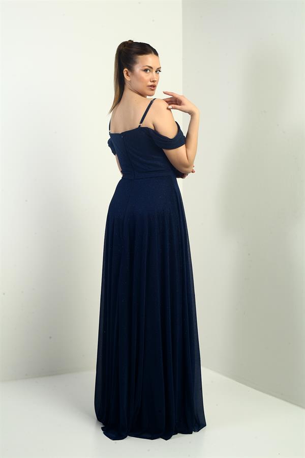 Kadın İp Askılı Eteği Kloş Astarlı Uzun Simli Elbise