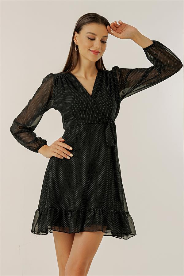 Wrap Neckline Polka Dot Side Tie Lined Short Chiffon Dress