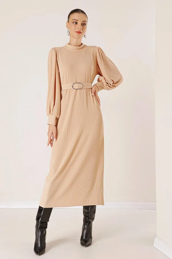 Beli Kemerli Omuz Büzgülü Elbise