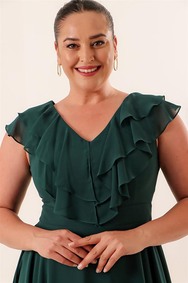 Yaka Volanlı Şifon Büyük Beden Elbise