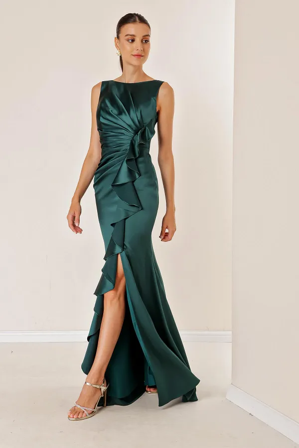 Kadın Önü Drapeli Volanlı Astarlı Uzun Saten Elbise