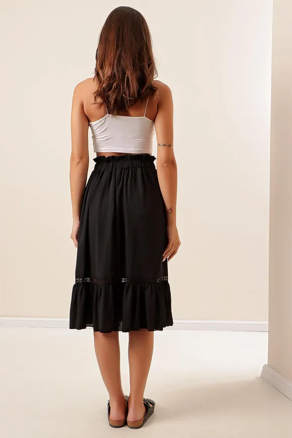 Elastic Waist Lined Lace Crepe Chiffon Skirt