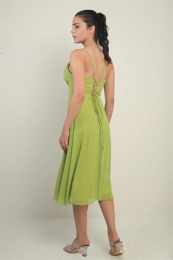 Women's Strappy Wrap Neckline Lined Lace-Up Back Flared Chiffon Dress