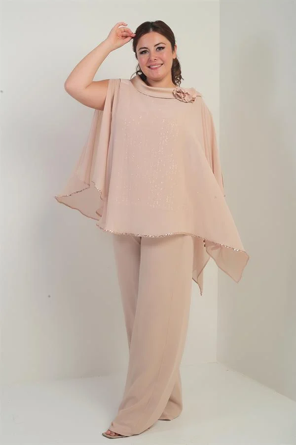 Cape en satin à col et doublure à sequins pour femme, chemisier sans manches, pantalon palazzo, ensemble 3 pièces en mousseline doublée grande taille