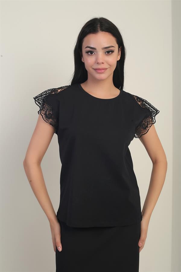 Women's Round Neck Short Lace Sleeve Lycra Blouse