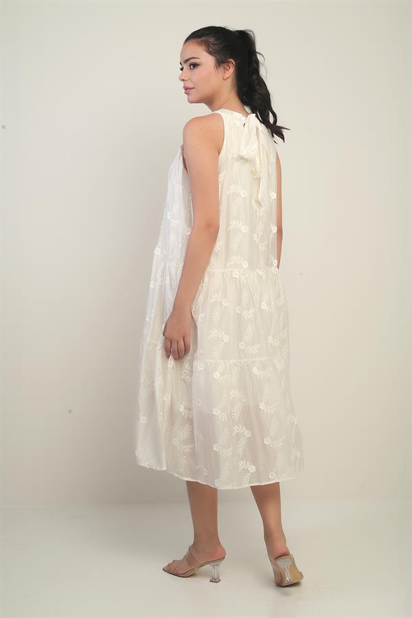 Women's Halter Neck Lace-Up Lined Embroidered Midi Dress