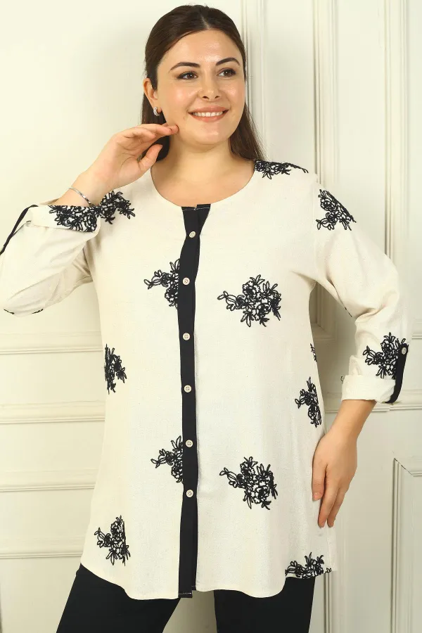 Chemise en lin brodée BB pour femme, manches repliées