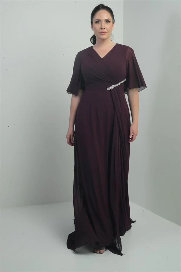 Robe longue en mousseline pour femme, grande taille, col en V, ceinture ornée de pierres, drapée et doublée