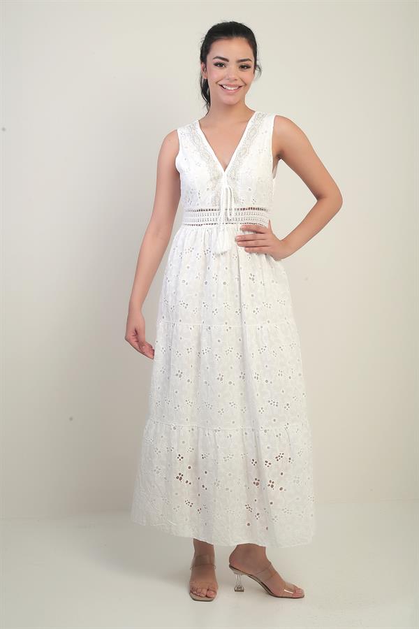 Women's Front and Back V-Neck Beaded Lined Midi Dress