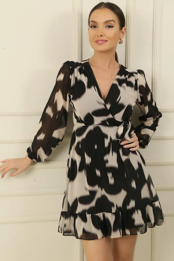 Kruvaze Yaka Yandan Bağlamalı Astarlı Şifon Elbise