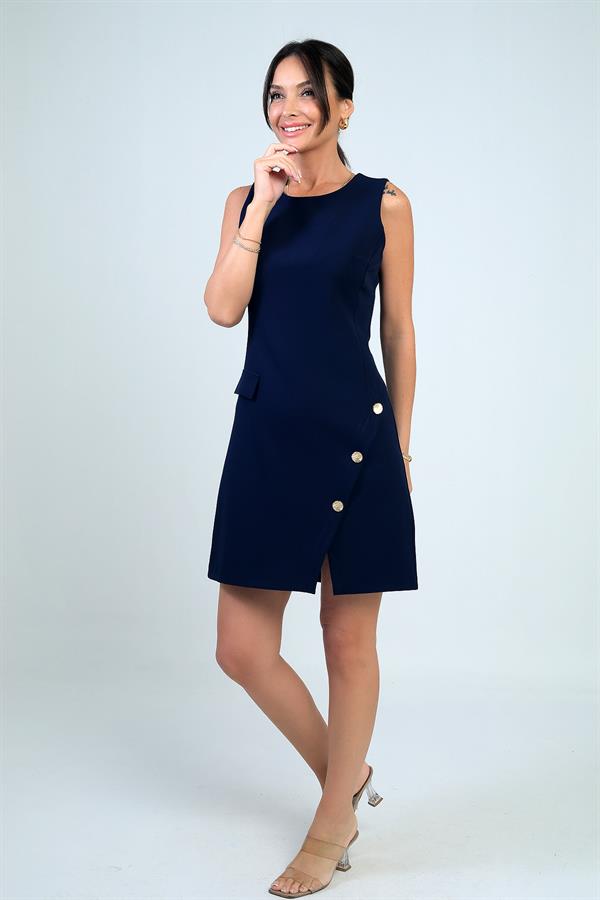 Kadın Yuvarlak Yaka Kolsuz Önü Düğme Detaylı Elbise