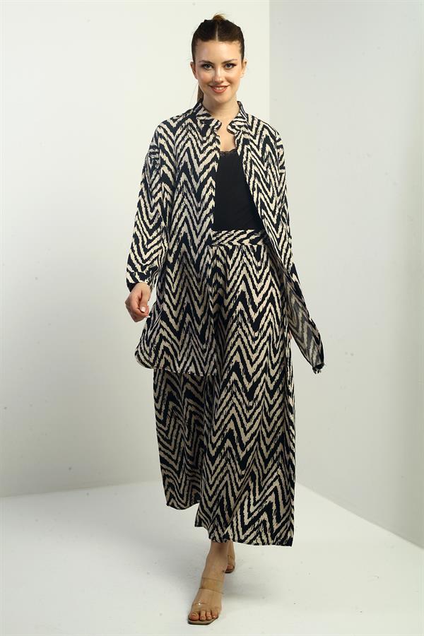 Women's Side Slit Tunic Shirt, Elastic Waist Palazzo Pants, Zigzag Pattern Oversize 2-Piece Set