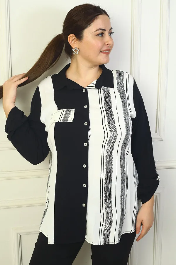 Chemise grande taille pour femme avec fausses poches, manches retroussables et rayures verticales