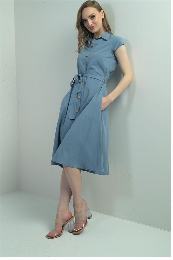 Women's Button-Front Belted Shirt Collar Short-Sleeve Dress