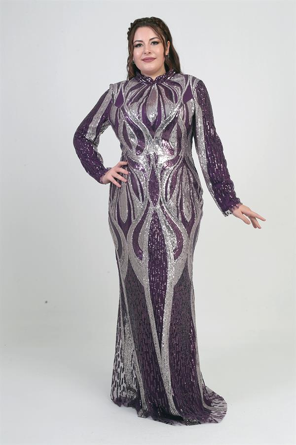 Women's High Neck Sequin Embellished Lined Plus Size Long Dress