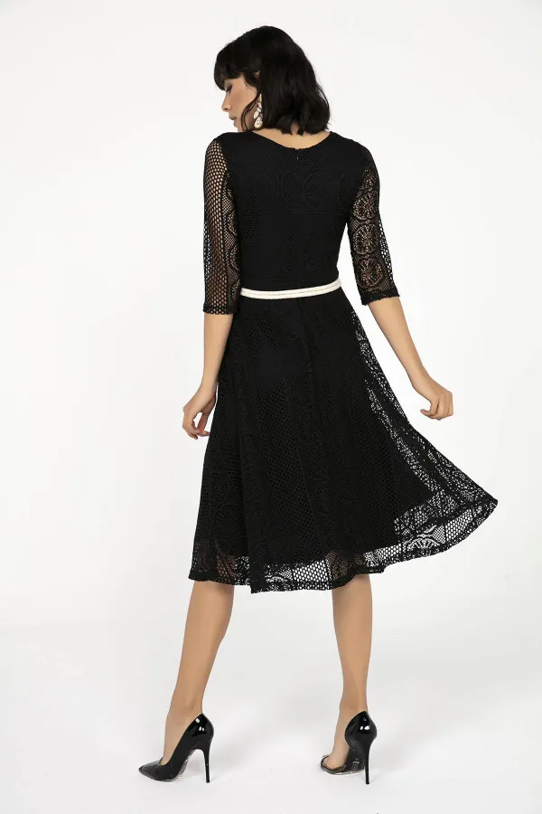 ARKASI FERMUARLI KEMERLİ ASTARLI TURVAKAL KOL ELBİSE