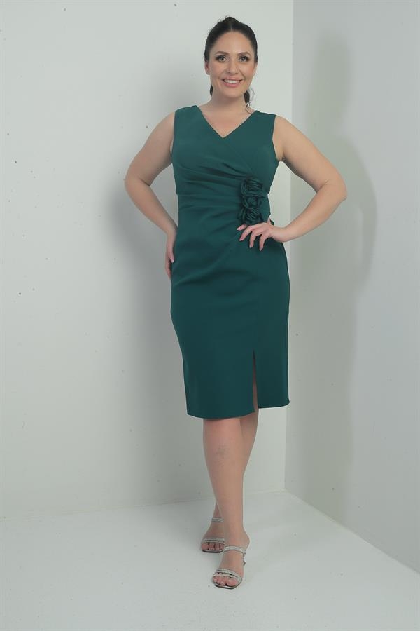 Women's Front Back V Neck Self-Interlining 3D Flower Detail Plus Size Midi Dress