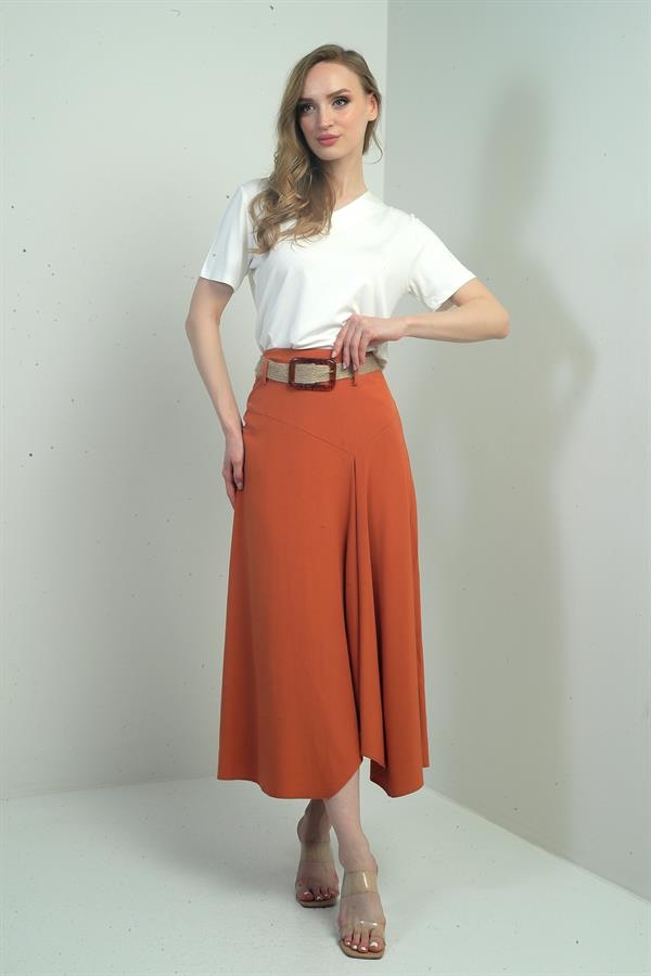 Kadın Beli Kemerli Arkası Fermuarlı Önü Yırtmaçlı Uzun Salaş Etek