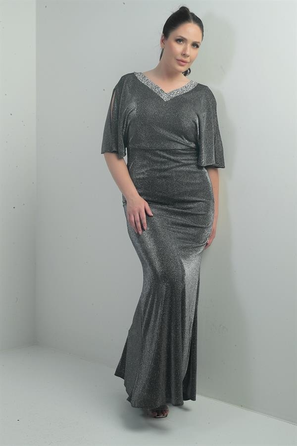 Robe longue pailletée grande taille pour femme, décolleté en V, doublure, manches chauve-souris, devant et dos délavés