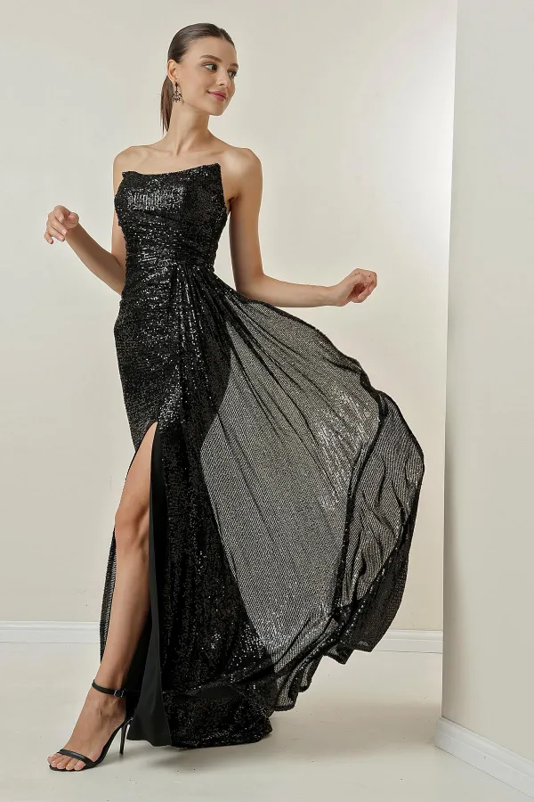 Robe longue à sequins, drapée sur le devant, sans bretelles et doublée