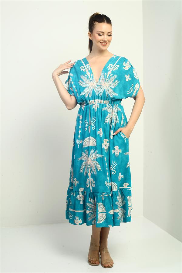 Women's Front and Back V-Neck Batwing Sleeve Palm Tree Print Pocket Ruffled Dress