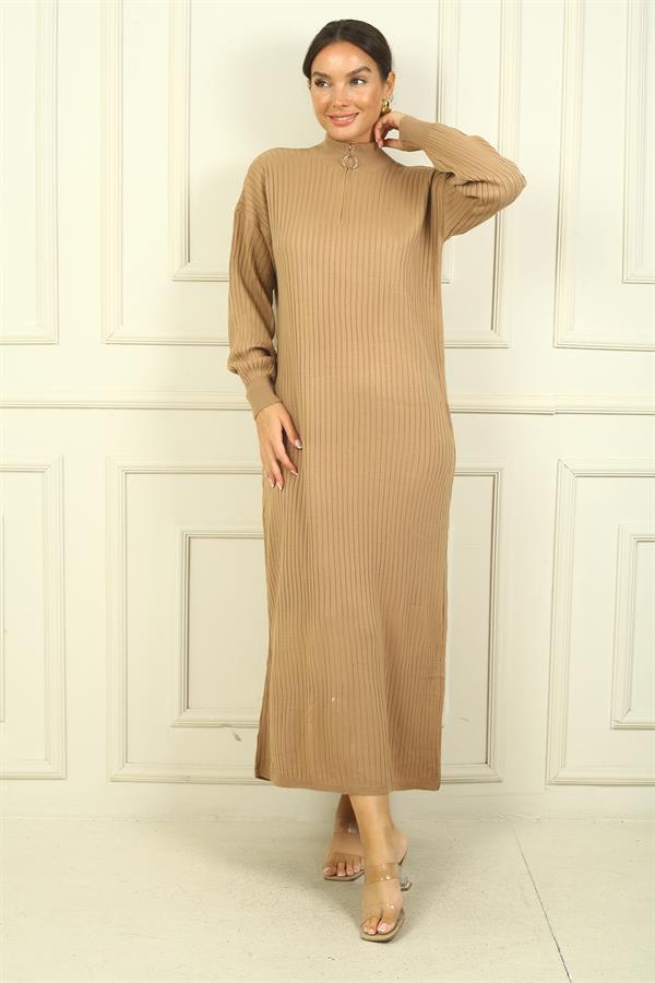Round Neck, Zip-Up Long Sleeve Knitted Dress