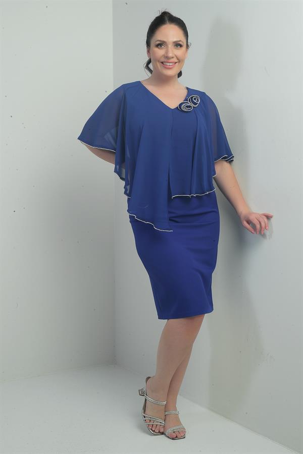 Women's Front and Back V-Neck Chiffon Plus Size Crepe Short Dress with Stone Details and Rose Embellishments