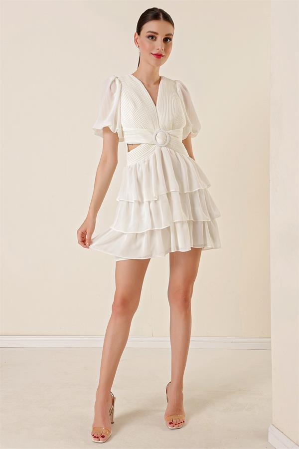 Bel Dekolteli Arkası Çapraz İpli Kat Kat Şifon Elbise