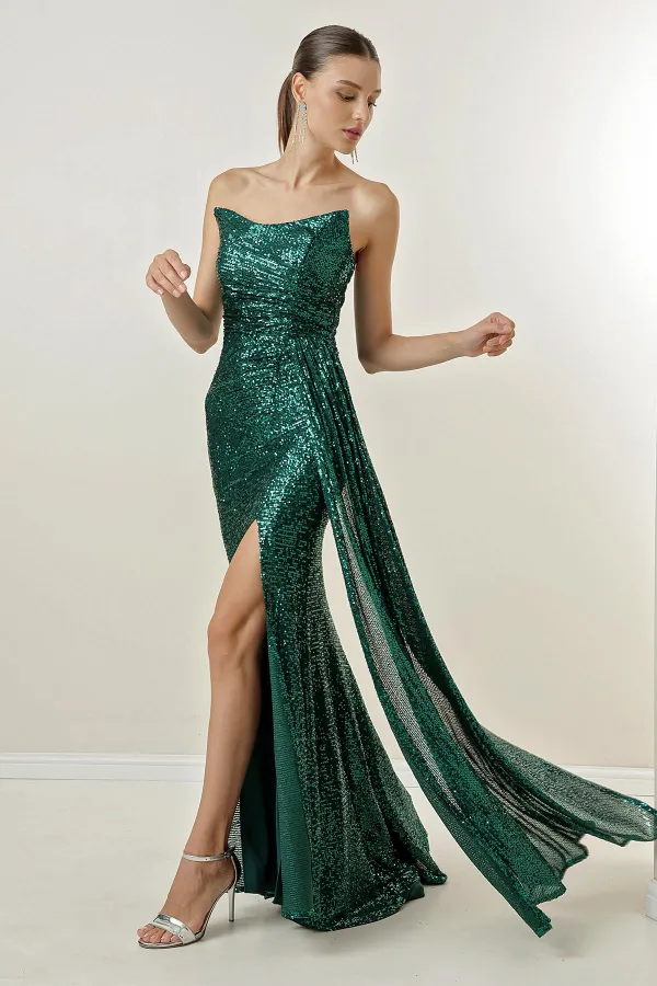 Robe longue à sequins, drapée sur le devant, sans bretelles et doublée