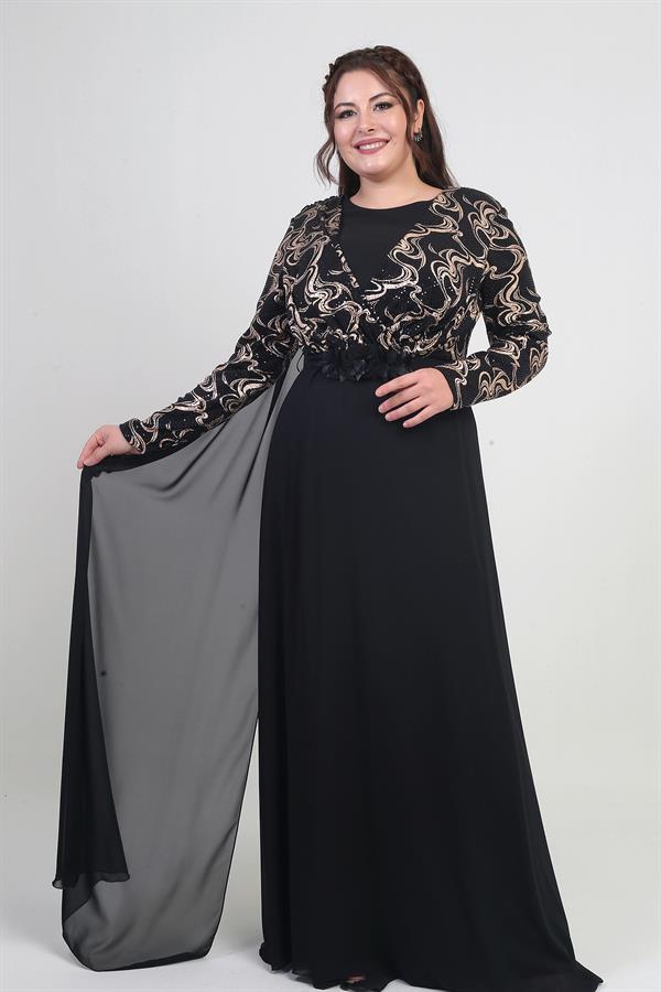 Kadın Kruvaze Yaka Görünümlü Pullu Astarlı Şifon Uzun B.B. Elbise