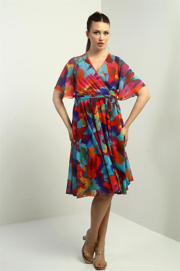 Women's Wrap Neckline Lined Chiffon Rainbow Dress with Belt