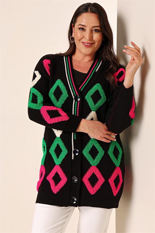 Oversize Havlu Baklava Desen Uzun Triko Hırka